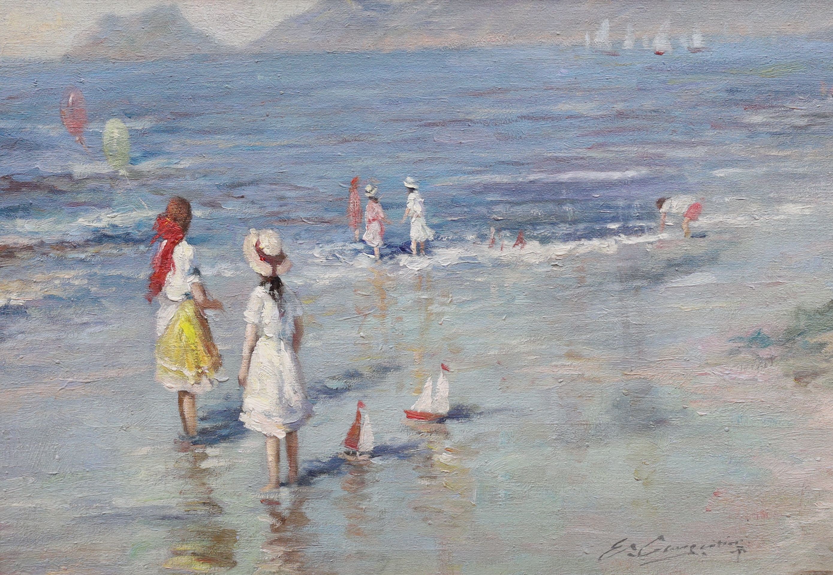 Italian School, oil on canvas, Children on the seashore, indistinctly signed, 48 x 67cm